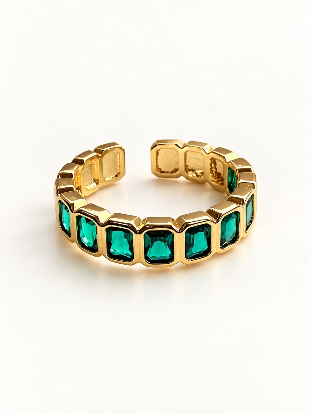 Gold Plated Open Band Ring with Emerald Green Stones